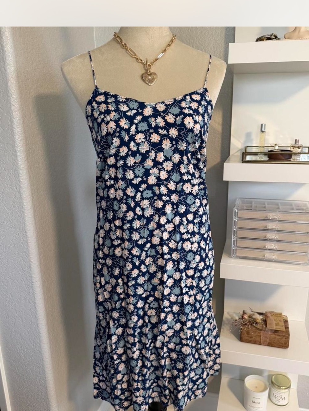 Madewell Navy Blue Floral Midi Slip Dress with Pink & White Daisies
